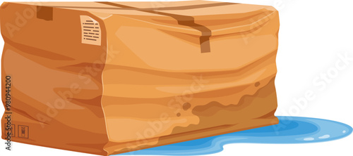Wet and damaged crumpled box. Cartoon vector soggy cardboard parcel sitting in small puddle of water, with visible damage and creases due to logistic issues, delivery problems or flood accident hazard