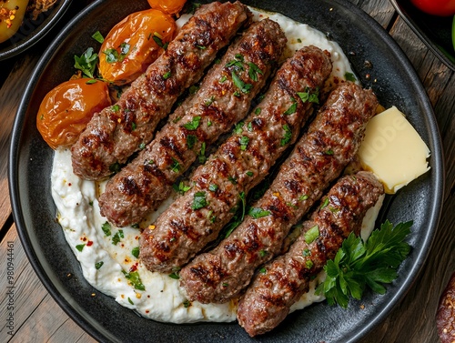 A Ali Nazik Kebab. The most popular Turkish dishes. Grilled minced meat served over a smoky eggplant puree mixed with yogurt and garlic, garnished with butter. photo