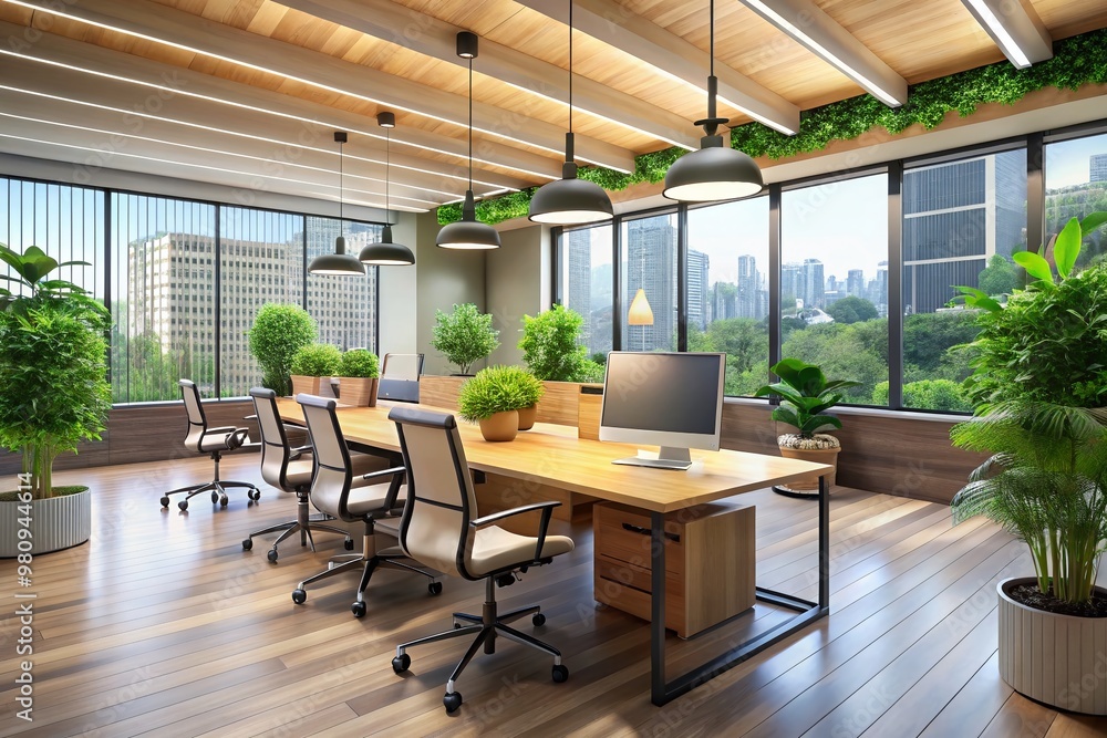 Modern minimalist office space with sleek ergonomic chairs, polished wooden desks, and vibrant green plants, Modern minimalist office space with sleek ergonomic chairs, polished wooden desks, and vibrant green plants,