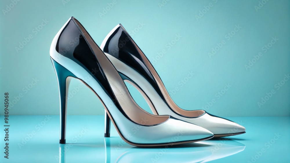 Delicate black stilettos adorn a soft blue canvas, their white outlines radiating elegance against the gentle hue. Delicate black stilettos adorn a soft blue canvas, their white outlines radiating elegance against the gentle hue.
