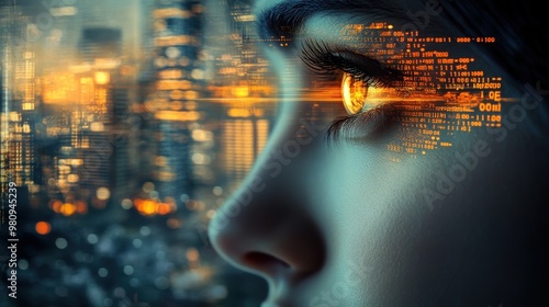 Futuristic Profile with Data Overlay and City Skyline