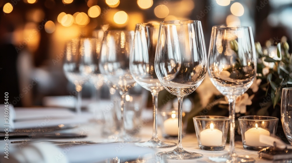 A Row of Elegant Wine Glasses Set on a White Tablecloth with Burning Candles Reflecting in the Glasses, Suggesting a Romantic Dinner or Elegant Event A Row of Elegant Wine Glasses Set on a White Tablecloth with Burning Candles Reflecting in the Glasses, Suggesting a Romantic Dinner or Elegant Event