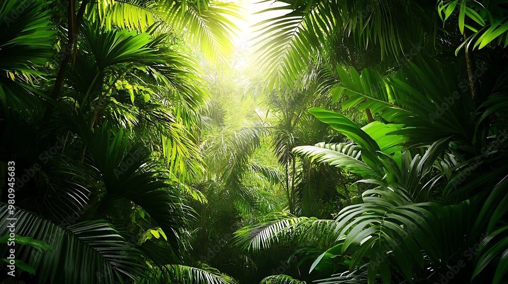 Fototapeta premium A lush, vibrant jungle scene filled with dense green foliage and soft light filtering through the leaves.