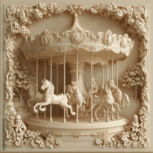 Close-up of a 3D bas-relief of a children's carousel in vanilla and beige tones.Vector. Resource, sketch, template for creativity, creative interior decor, exterior facade decor. Illustration for adve