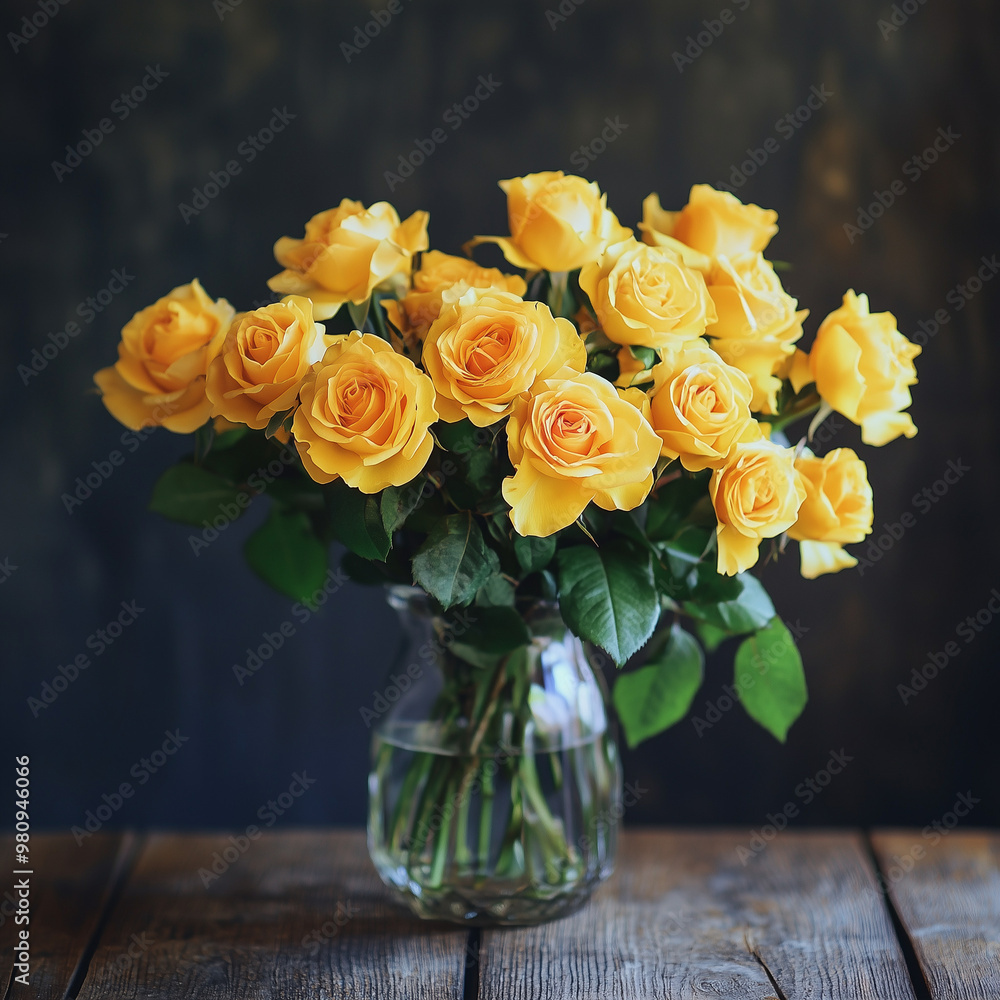 Bouquet of fresh yellow roses arranged in a glass vase on a wooden table Bouquet of fresh yellow roses arranged in a glass vase on a wooden table