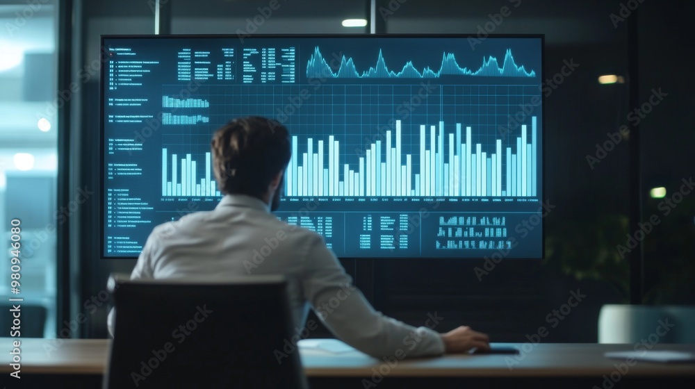 A business professional analyzing a large bar chart on a wall-mounted screen, with a focus on financial growth and data visualization in a modern conference room. A business professional analyzing a large bar chart on a wall-mounted screen, with a focus on financial growth and data visualization in a modern conference room.