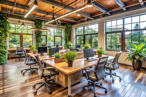 Modern office furniture fills a spacious, naturally lit workspace in Milwaukie, Oregon, with ergonomic chairs,