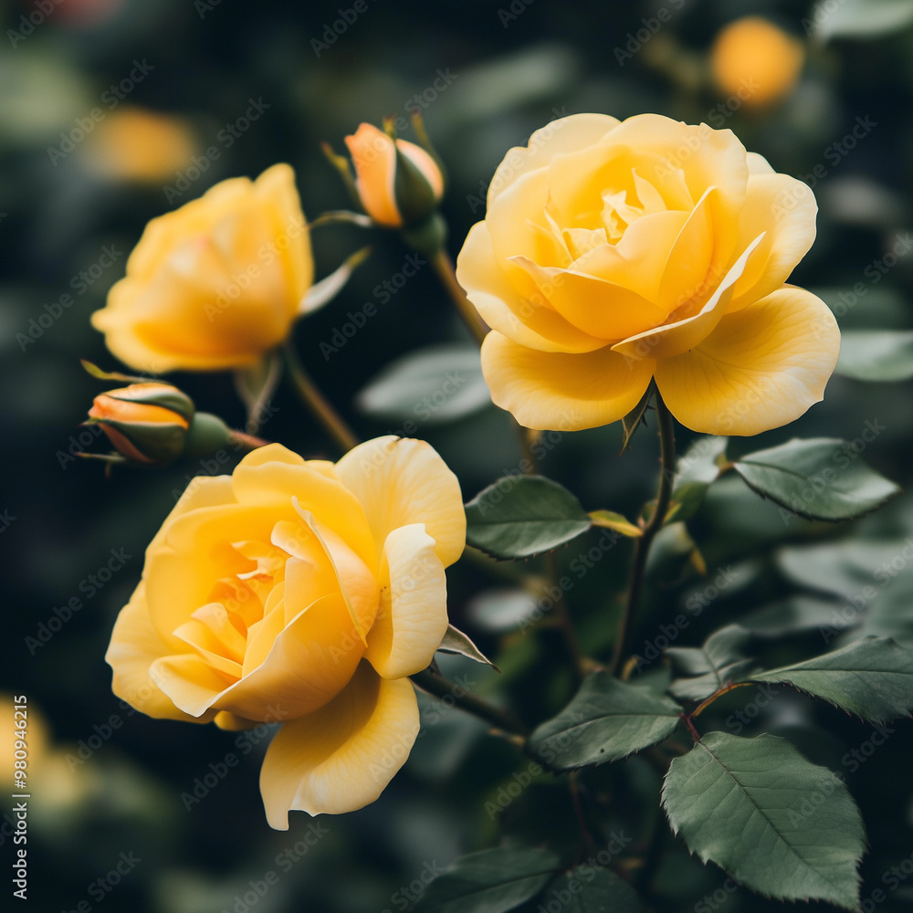 Fototapeta premium Yellow roses in a garden, with sunlight highlighting their vivid color