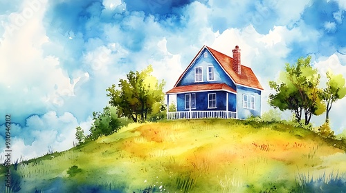 A serene watercolor painting of a blue house on a hill surrounded by trees and a vibrant sky.