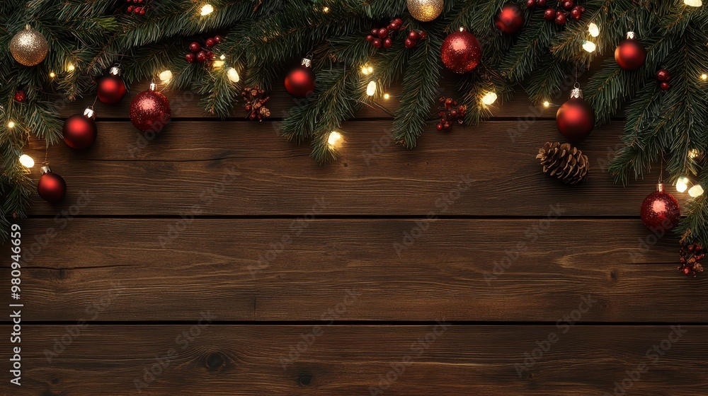 Rustic Merry Christmas banner with wooden background and festive garland, space for custom text Rustic Merry Christmas banner with wooden background and festive garland, space for custom text