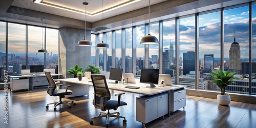 Modern office interior with sleek, high-tech equipment and ergonomic furniture, featuring futuristic desk lamps,