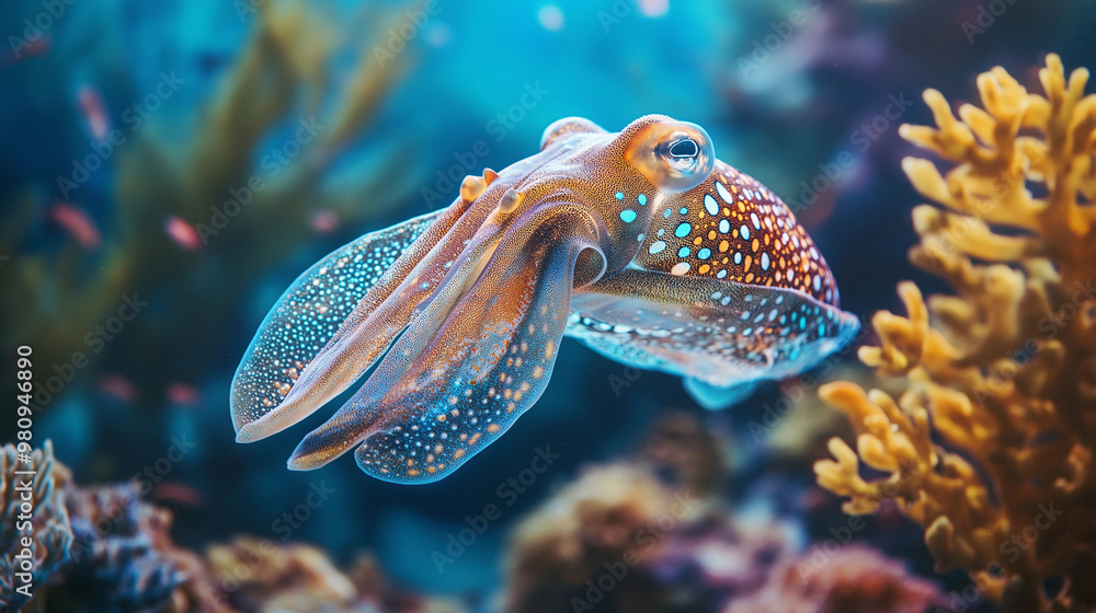 A cuttlefish swimming through the water, changing colors and textures to blend into the ocean floor. A cuttlefish swimming through the water, changing colors and textures to blend into the ocean floor.