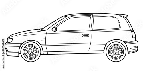 Outline drawing of a hatchback car from side view. Classic style. Vector outline doodle illustration. Design for print or color book