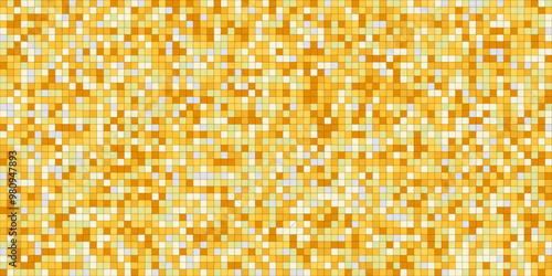 Disco gold tiles, shiny mosaic halftone sparkles. Vibrant paillette background. Sequin texture, Metallic yellow orange decoration, light effect.