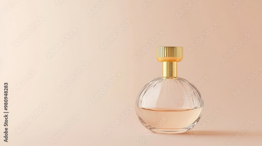 Simple shape clear glass perfume bottle with gold cap, front view, luxurious ambiance, solid color background Simple shape clear glass perfume bottle with gold cap, front view, luxurious ambiance, solid color background