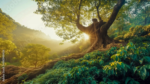 Stunning Morning Light Breaking Through a Beautiful Woodland Landscape, Perfect for Nature Imagery