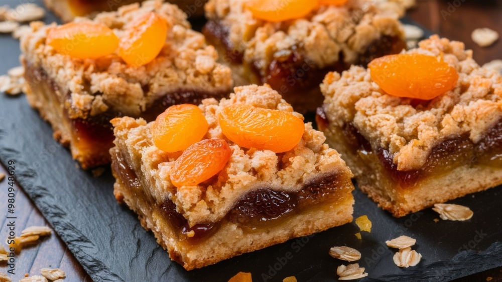 Close-up of homemade oatmeal fig bars topped with dried apricot slices on a slate surface, featuring a crumbly texture and layered fruit filling, ideal for a healthy snack or dessert Close-up of homemade oatmeal fig bars topped with dried apricot slices on a slate surface, featuring a crumbly texture and layered fruit filling, ideal for a healthy snack or dessert
