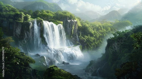 The sight of a majestic waterfall surrounded by lush greenery is breathtaking.