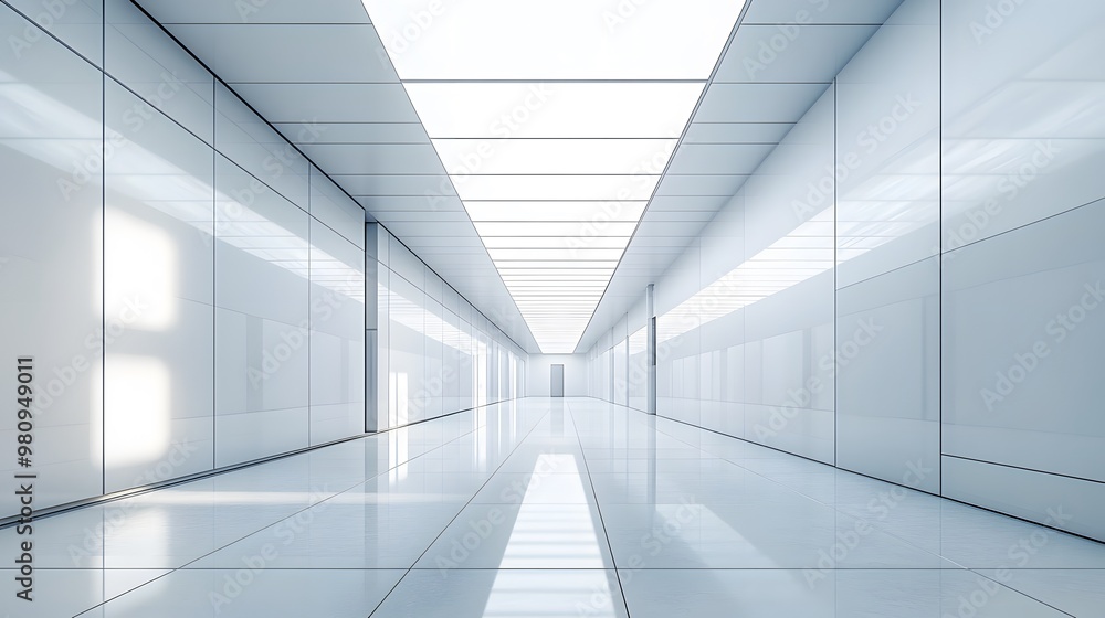 Sleek white corridor with clean geometric lines and a glass ceiling, exhibiting natural light and polished floor tiles, presenting a futuristic interior design perspective. Sleek white corridor with clean geometric lines and a glass ceiling, exhibiting natural light and polished floor tiles, presenting a futuristic interior design perspective.