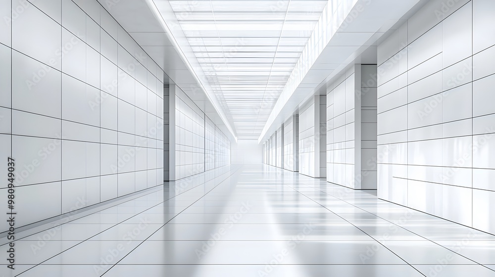 Sleek white corridor with clean geometric lines and a glass ceiling, exhibiting natural light and polished floor tiles, presenting a futuristic interior design perspective. Sleek white corridor with clean geometric lines and a glass ceiling, exhibiting natural light and polished floor tiles, presenting a futuristic interior design perspective.