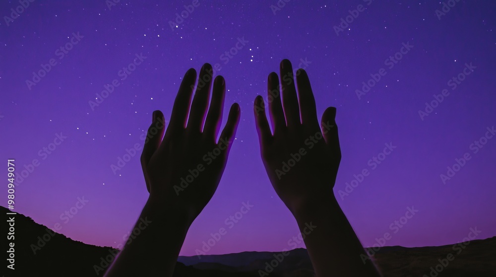 Person with glowing palms connecting with higher spiritual energy on a purple magical background. Person is reaching out in prayer.