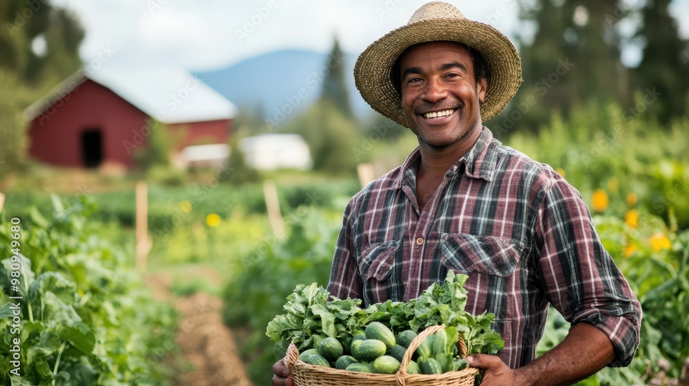 Smiling farmer in a plaid shirt and straw hat, standing among healthy crops with a basket of produce, barn visible in the distance Smiling farmer in a plaid shirt and straw hat, standing among healthy crops with a basket of produce, barn visible in the distance