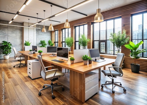 Modern sleek office space with ergonomic chairs, wooden desks, and minimalist decor, capturing a sense of productivity