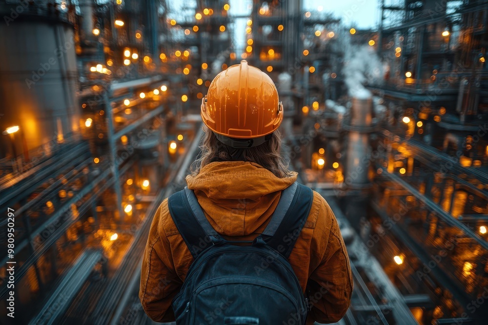 rear view of a worker in safety gear observing a bustling factory floor symbolizing workplace safety and industrial progress in a dynamic manufacturing environment rear view of a worker in safety gear observing a bustling factory floor symbolizing workplace safety and industrial progress in a dynamic manufacturing environment