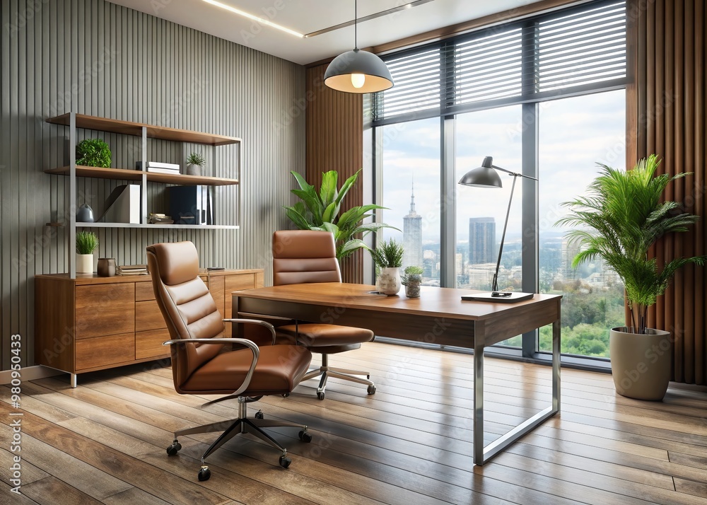 Fototapeta premium Modern spacious office with elegant L-shaped wooden desk, comfortable leather chair, and sleek metal legs, surrounded