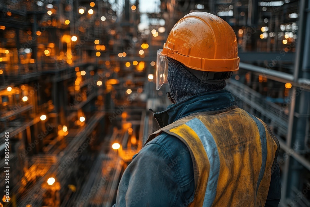 rear view of a worker in safety gear observing a bustling factory floor symbolizing workplace safety and industrial progress in a dynamic manufacturing environment rear view of a worker in safety gear observing a bustling factory floor symbolizing workplace safety and industrial progress in a dynamic manufacturing environment