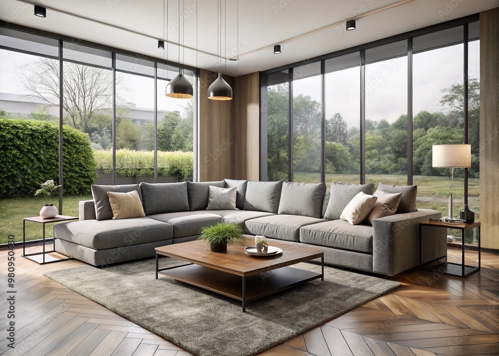 Fototapeta premium Modern square-shaped living room with sleek grey sectional sofa, glass coffee table, and minimalist decor, surrounded