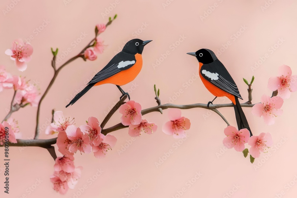 In this stock image, an oil-painted flower and bird are set against a marbled background. In this stock image, an oil-painted flower and bird are set against a marbled background.