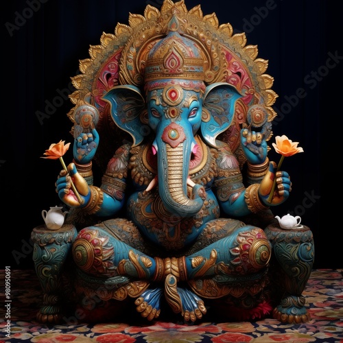 Wallpaper Mural hindu deity statue,Ganesh seated on a traditional Indian rug, with vibrant patterns and intricate textures,Generative Ai illustration Torontodigital.ca