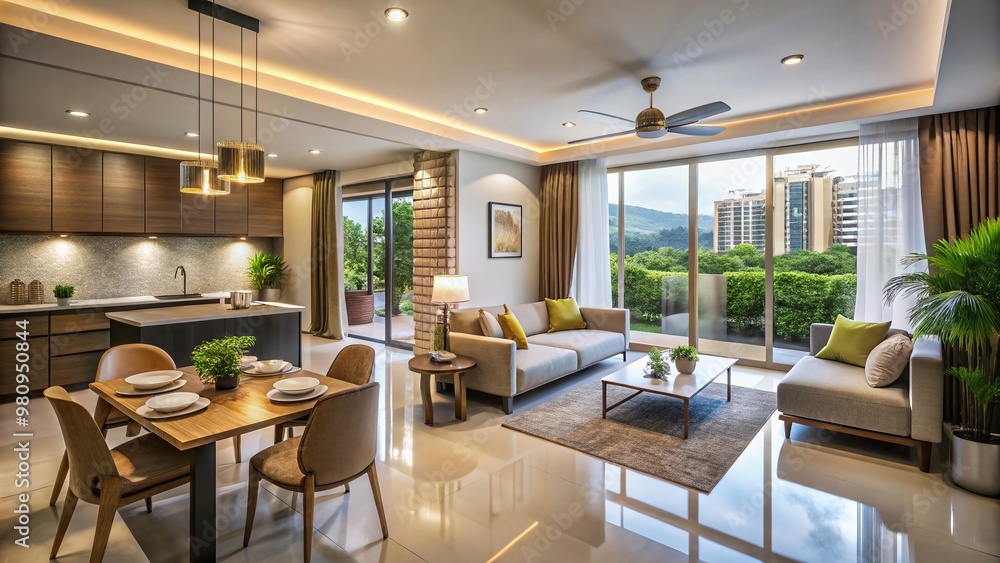Fototapeta premium Modern two bedroom hall kitchen apartment in a newly constructed residential building with sleek architecture and lush