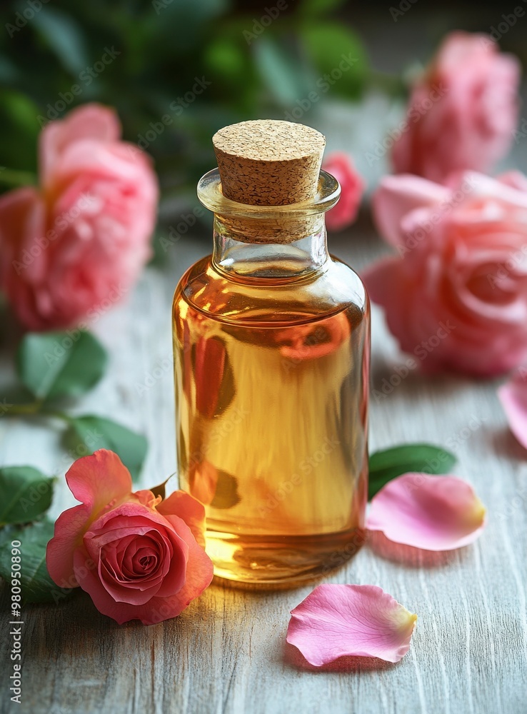 Elegant Rose Essential Oil with Petals and Fresh Roses Elegant Rose Essential Oil with Petals and Fresh Roses
