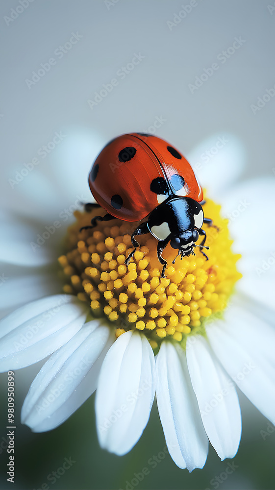 one white chamomile on white background, and a little ladybug sits on the white petals one white chamomile on white background, and a little ladybug sits on the white petals