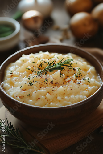 A bowl of food with herbs and spices on top. The bowl is brown and the food is yellow