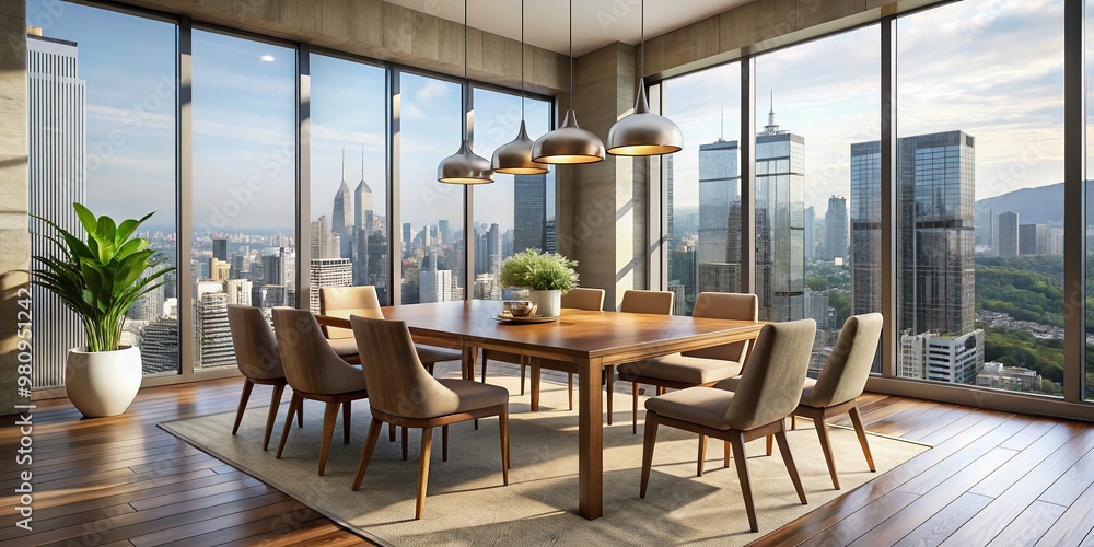 Modern urban dining room with sleek wooden table and six matching chairs, surrounded by large windows and subtle