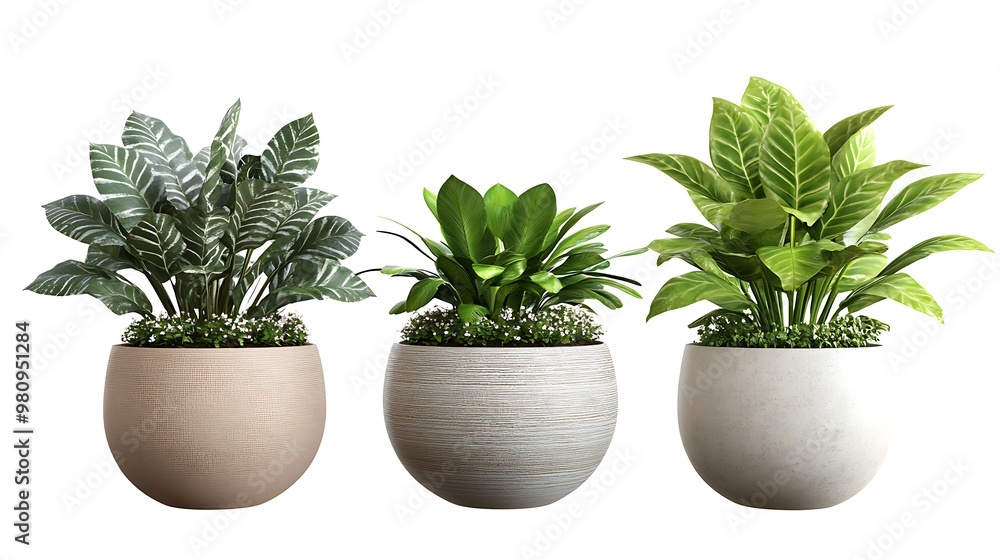 Three decorative potted plants with varying leaf patterns in modern pots. Three decorative potted plants with varying leaf patterns in modern pots.