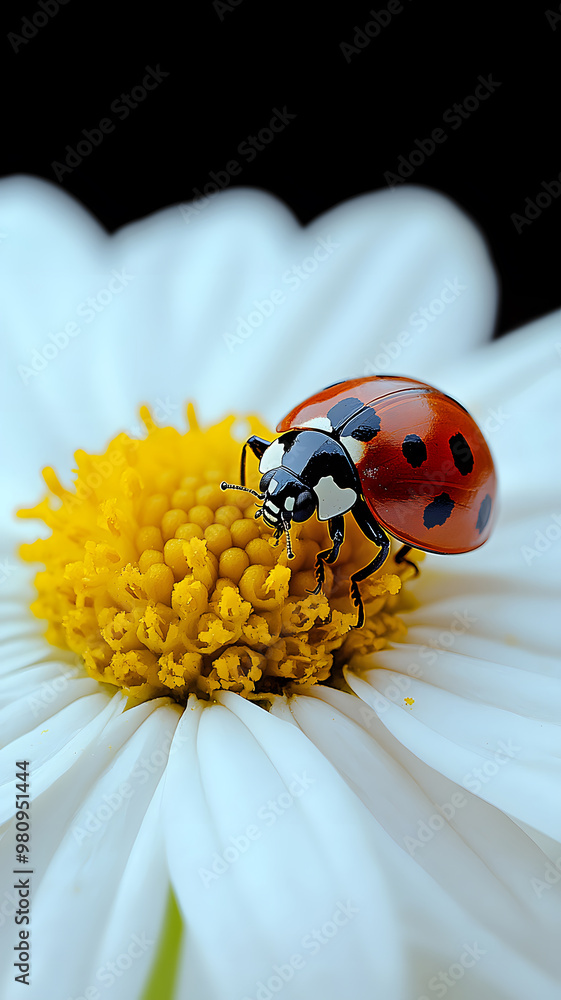 Obraz premium one white chamomile on white background, and a little ladybug sits on the white petals