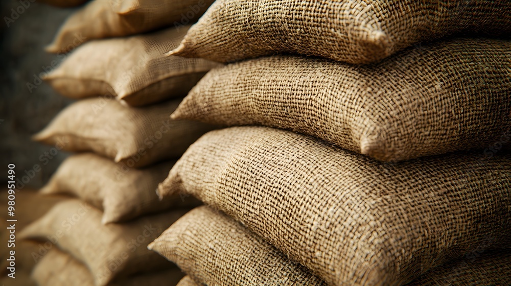 Obraz premium Stacked burlap sandbags displayed in earthy tones, showcasing rough textured fabric in a flood protection barrier, emphasizing rugged construction in an outdoor setting.