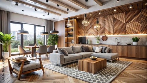 Modern wooden accents adorn a sleek, open-plan living space with geometric patterns, natural textures, and minimalist photo