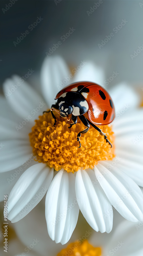 one white chamomile on white background, and a little ladybug sits on the white petals one white chamomile on white background, and a little ladybug sits on the white petals
