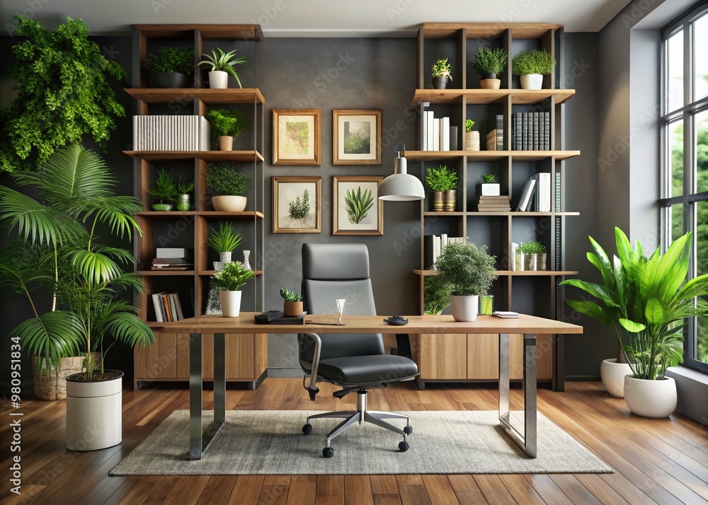 Modern workspace interior featuring sleek executive desk, ergonomic chair, and stylish bookshelves, surrounded by walls Modern workspace interior featuring sleek executive desk, ergonomic chair, and stylish bookshelves, surrounded by walls