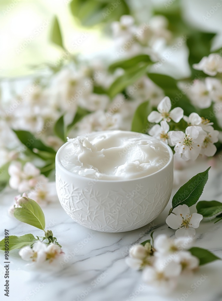Creamy moisturizer surrounded by delicate flowers Creamy moisturizer surrounded by delicate flowers