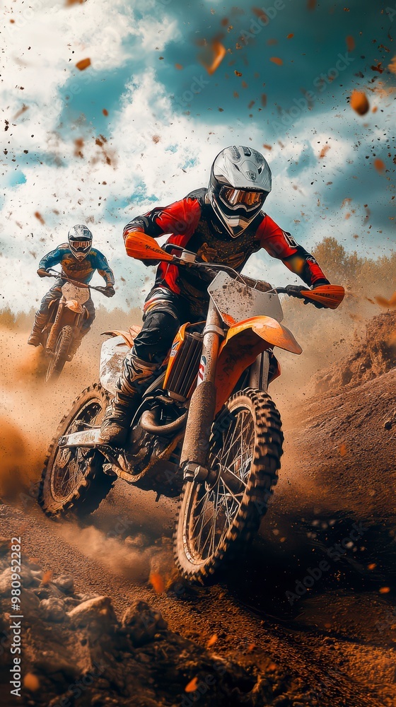 Vibrant motocross racers race through challenging terrain, creating an exciting spectacle Vibrant motocross racers race through challenging terrain, creating an exciting spectacle