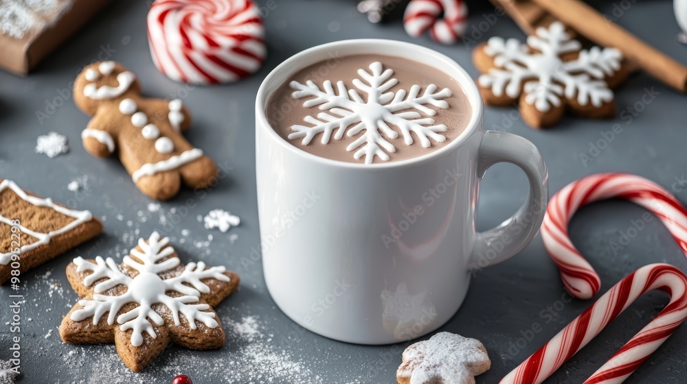 A Christmas card mockup displayed next to a hot chocolate mug, candy canes, and gingerbread cookies, evoking cozy holiday vibes. A Christmas card mockup displayed next to a hot chocolate mug, candy canes, and gingerbread cookies, evoking cozy holiday vibes.