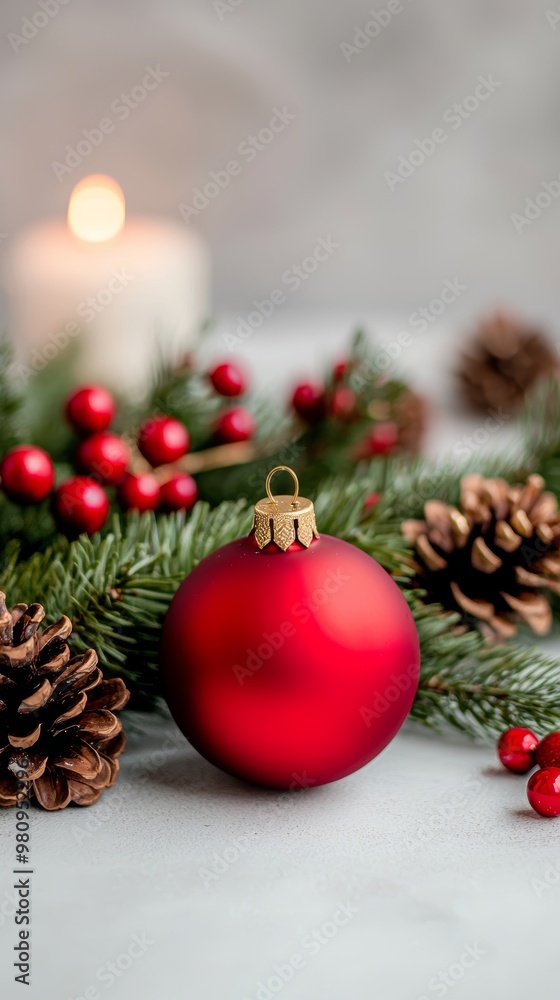 A Christmas card mockup leaning against a festive wreath, with red and gold baubles, pinecones, and soft candlelight in the background. A Christmas card mockup leaning against a festive wreath, with red and gold baubles, pinecones, and soft candlelight in the background.