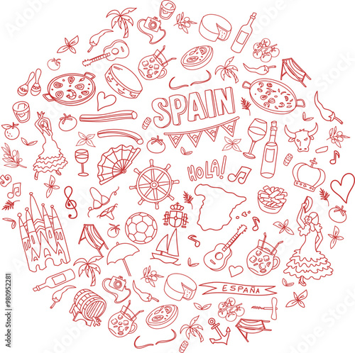 Symbol of Spain inside a circle shape element Doodle Art Illustration. Hand drawn vector clip art