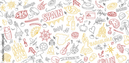 Spain Symbol Element Colorful Doodle Line Art Illustration. Hand Drawn Vector Clip Art. Banner Background